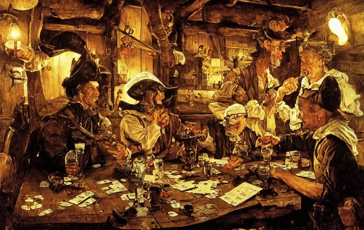 Prompt: a painting of two pirates playing cards in a cabin of a 16th century galley, dark cinematic lighting, by Norman Rockwell