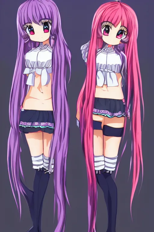 Image similar to two beautiful female idols with twin tails standing chest to chest, detailed anime art