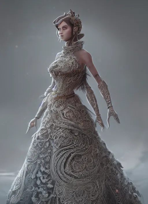 Prompt: detailed full body concept art illustration of a princess in intricately designed clothing, ultra detailed, digital art, octane render, dystopian, micro detail, 4k