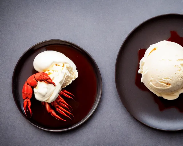 Image similar to dslr food photograph of a plate of vanilla ice cream with a crawfish, some chocolate sauce, 8 5 mm f 1. 4