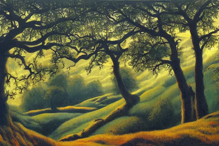 Prompt: masterpiece painting of oak trees on a hillside overlooking a creek, dramatic lighting, by kelly freas