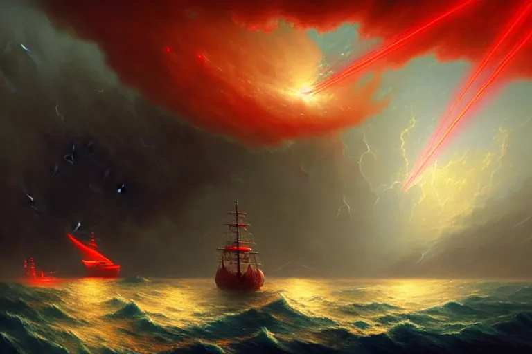 Image similar to A beautiful matte painting of huge spherical alien spaceship attacking with powerful red lasers a Sailship in ocean in thunderstorm by Greg Rutkowski and Ivan aivazovsky