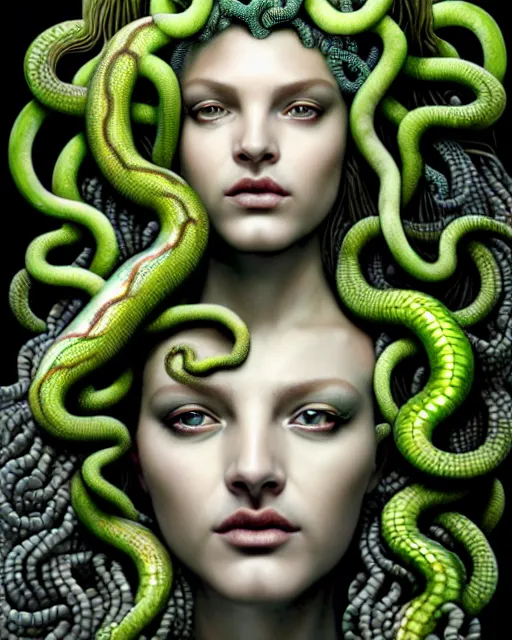Prompt: hyperrealistic mixed media painting of beautiful Medusa, many green scaley serpents in her hair, gray stony skin, seductive expression, full body, stunning 3d render inspired art by P. Craig Russell and Barry Windsor-Smith + perfect facial symmetry + dim volumetric lighting, 8k octane beautifully detailed render, post-processing, extremely hyperdetailed, intricate, epic composition, grim yet sparkling atmosphere, cinematic lighting + masterpiece, trending on artstation, very very detailed, masterpiece, stunning