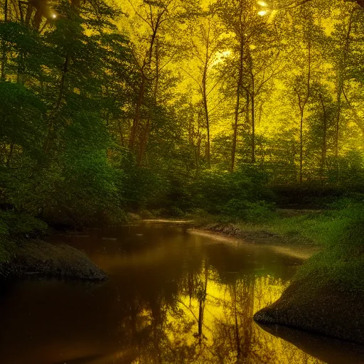 Prompt: river in a forest, golden hour, ray tracing reflection, 8k, hyper realistic, insainly detailed, hdr, octan render,