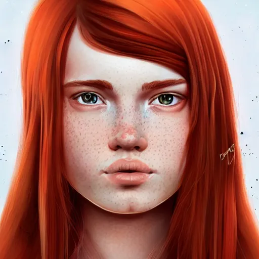 Image similar to portrait of a teen girl with freckles with long red hair and bright brown eyes, 8 k, highly detailed, digital painting, artstation, sharp focus, illustration