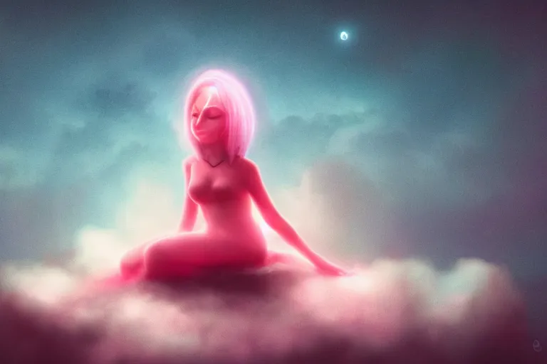 Image similar to a cute alien girl sitting on a cloud relaxing, misty, glows, digital art, hazy, foggy, red lighting, ambient lighting, 8 k,