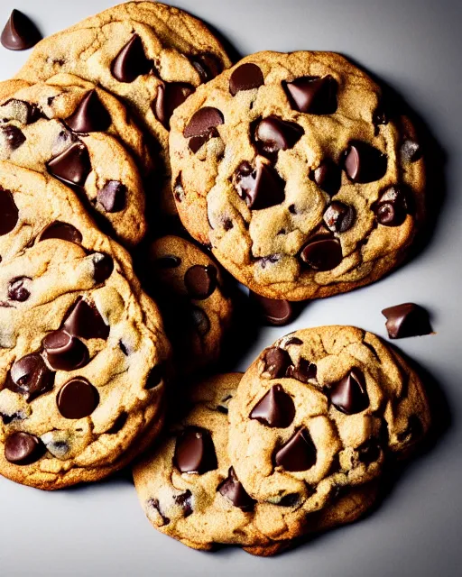 Image similar to plate full of several freshly baked chocolate chip cookies, delicious, glistening, chocolate sauce, highly detailed, award winning photography octane render