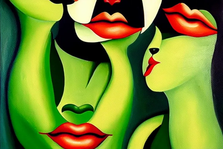 Image similar to a painting of two cats with red lips ina an emerald city, an art deco painting by tamara lempicka, featured on deviantart, figurative art, art deco, detailed painting, airbrush art