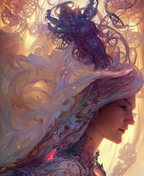 Image similar to a whirlwind of souls rushing inside the metaverse, half body, glowin eyes, insect, lizard, d & d, fantasy, intricate, elegant, highly detailed, colorful, vivid color, digital painting, artstation, concept art, art by artgerm and greg rutkowski and alphonse mucha and ruan jia