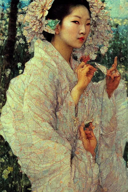 Image similar to close - up fashion asian woman portrait airy flowers sacura cloudy sky art by vasnetsov