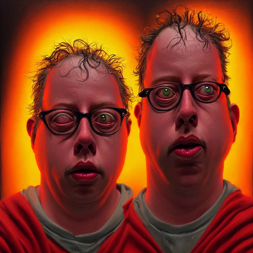 Image similar to bright realistic todd solondz turning into god and satan, diffuse lighting, fantasy, intricate, elegant, highly detailed, lifelike, photorealistic, digital painting, artstation, illustration, concept art, smooth, sharp focus, art by francis bacon