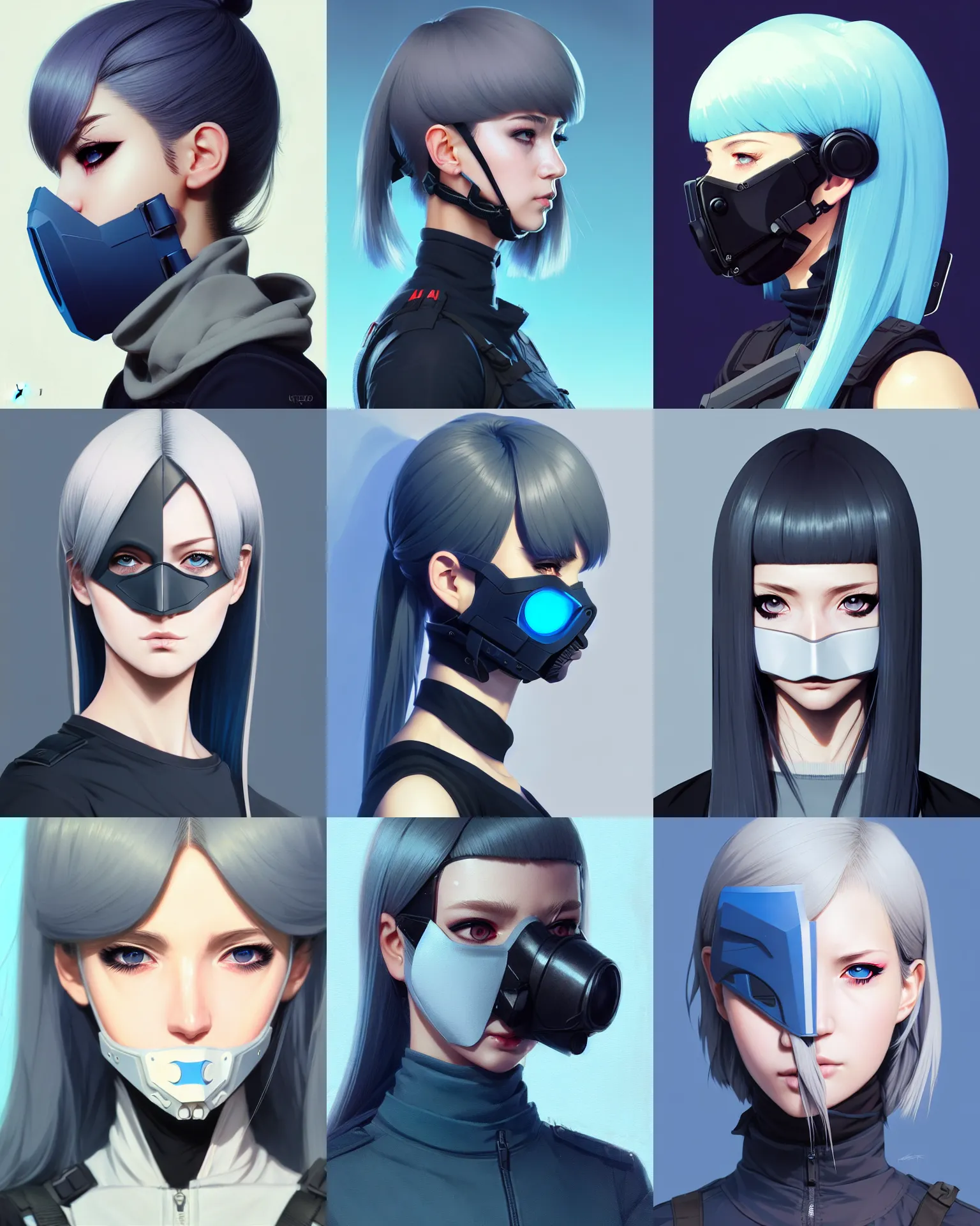 Prompt: profile of girl wearing tactical mask, eye shadow, grey hair, blue eye. anime, tactical cool, symmetry face, ssr card, fine details. realistic shaded lighting, by ilya kuvshinov, kidmo, trending on artstation, magali villeneuve, artgerm, jeremy lipkin, caidychen