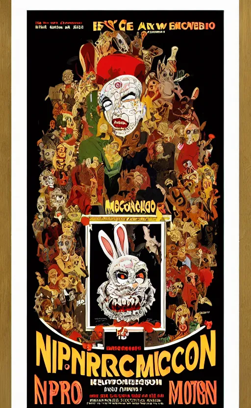 Prompt: cursed with necronomicon horrorcore cel animation poster depicting easter bunny, intricate faces, metropolis, 1 9 5 0 s movie poster, post - processing, vector art