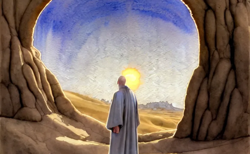 Image similar to a hyperrealist watercolor concept art of a medieval monk in grey robes at sunset day in the desert. a dimensional portal in the shape of a tree arch is in the background and an blue sky is seen through the portal. very muted colors, by rebecca guay, michael kaluta, charles vess. high detail, hq, wide shot, 4 k