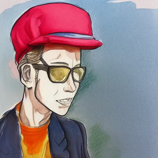 Image similar to a drawing of a man wearing a hat, a gouache by Hirohiko Araki, tumblr contest winner, modern european ink painting, watercolor, colorized, art on instagram