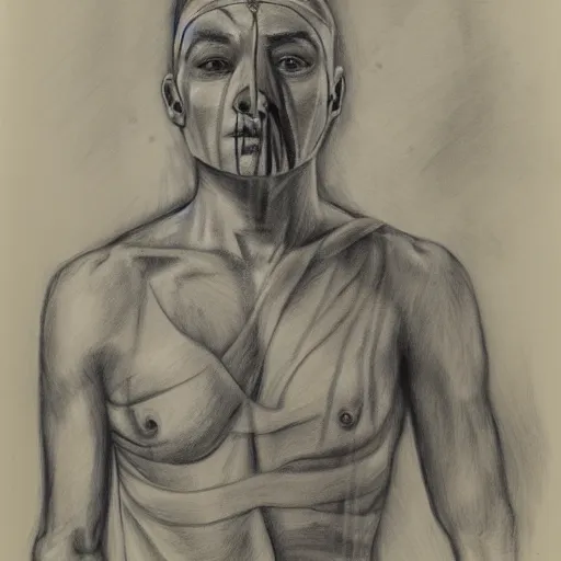 Image similar to one mummy in bandages touches head of warrior, in jungle, pencil drawing