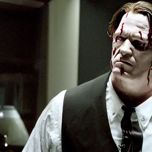 Image similar to The Undertaker as The American Psycho, cinematic still, sweating hard