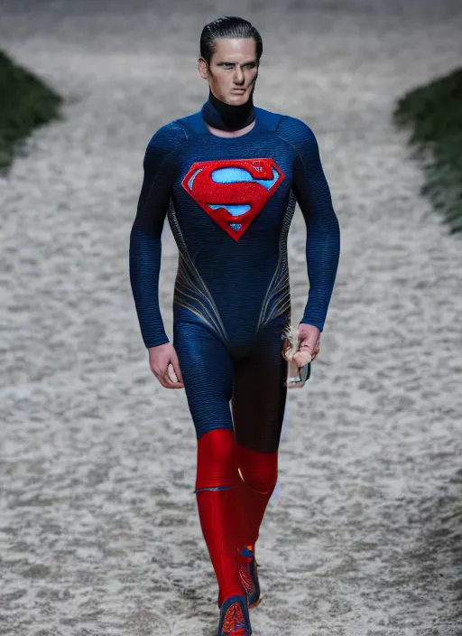 Prompt: hyperrealistic and heavy detailed moncler runway show of superman, leica sl 2 5 0 mm, vivid color, high quality, high textured, real life