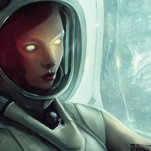 Image similar to Female space warrior in spaceship interior, Earth in the background, blurred, intricate, dramatic lighting, cinematic, highly detailed, very realistic, Artstation, Cgsociety, digital painting