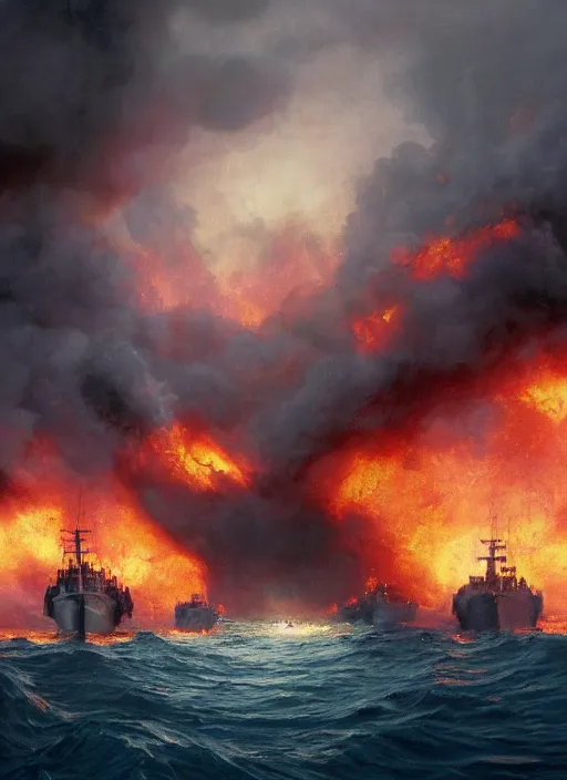 Prompt: painting of an armada of war ships burning in heavy flames in the middle of the ocean, thick smoke, beautiful reflections on the water, a detailed matte painting by vilhelm lundstrøm, cgsociety, neo - romanticism, chillwave, matte drawing, official art, trending on artstation