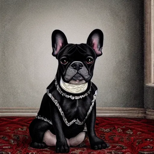 Image similar to proud black french bulldog, renaissance, wearing victorian lacey clothing, highly detailed, digital painting, artstation, sharp focus, illustration - - ar 6 : 1 8