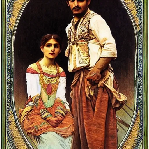 Image similar to Kurdish family Painted By Alphonso Mucha, Highly detailed