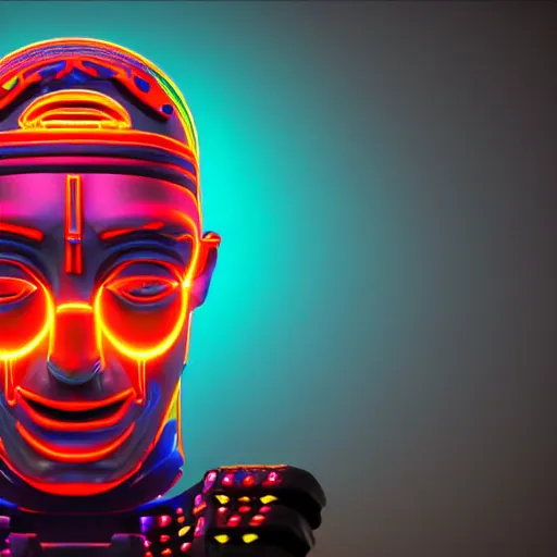 Prompt: a claymodel of a cyberpunk egyptian futuristic robot head, top of the head is made of multicolored glowing tubes, eyes are multicolored led screen, 8 k, front shot, symetrical, flourescent colors, halluzinogenic, multicolored, insanely detailed, 3 d render, octane