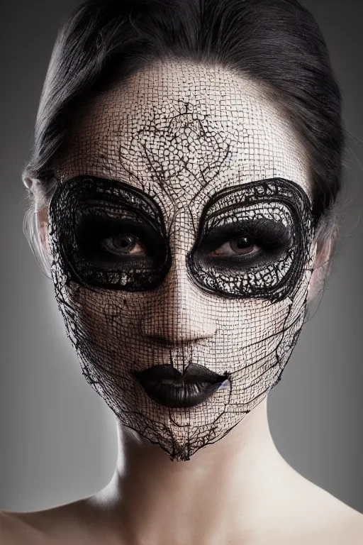 Prompt: portrait of a woman wearing a hyper detailed beautiful laced sheer black mask detailed stitching, beautifully lit, cinematography, 8 k post production, atmospheric background, ambient occlusion, global illumination by, wlop, riyahd cassiem, art station trending