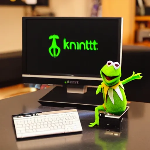 Image similar to “Kermit the frog builds a desktop pc, leaning over a desktop pc computer case tower atx with a screwdriver and instruction manual, 4k photo unreal”