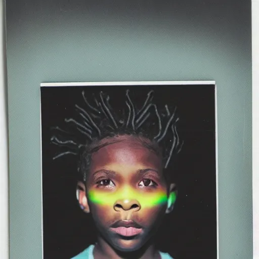 Image similar to photo of a black boy with colored dread, in dark room flash polaroid effect