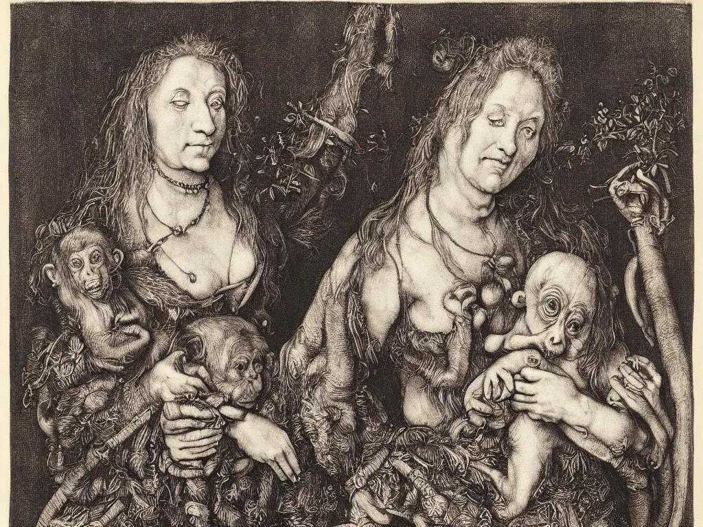 Prompt: portrait of a woman with monkey. copper engraving by albrecht durer, walton ford