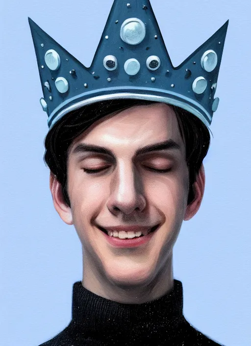 Image similar to portrait of teenage jughead jones wearing a light grey crown, crown, blue turtleneck, closed eyes, eyes closed, smile, crown, black hair, intricate, elegant, glowing lights, warm lighting, highly detailed, digital painting, artstation, concept art, smooth, sharp focus, illustration, art by wlop, mars ravelo and greg rutkowski