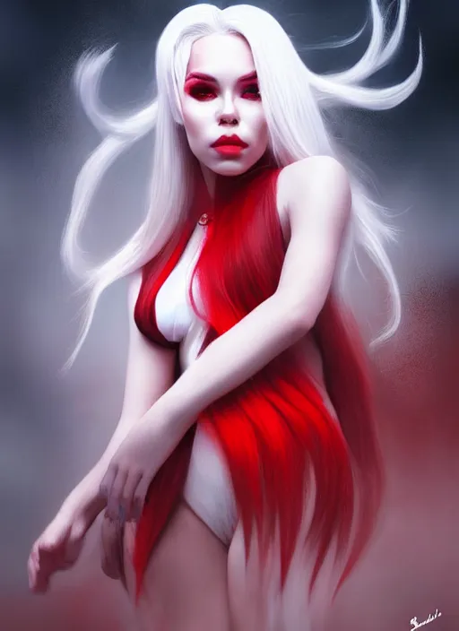 Image similar to photo of kerli koiv with red and white ombre in the style of stefan kostic, realistic, half body shot, sharp focus, 8 k high definition, insanely detailed, intricate, elegant, art by stanley lau and artgerm, foggy backgeound