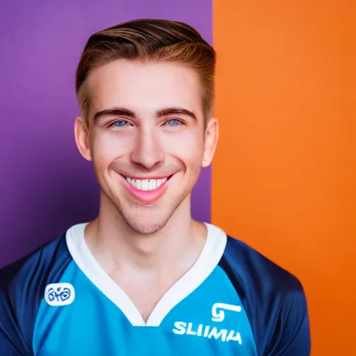 Image similar to photographic portrait of a young white male smiling with short brown hair that sticks up in the front, blue eyes, groomed eyebrows, tapered hairline, sharp jawline, wearing a purple white volleyball jersey, sigma 85mm f/1.4, 35mm, 4k, high resolution, 4k, 8k, hd, full color