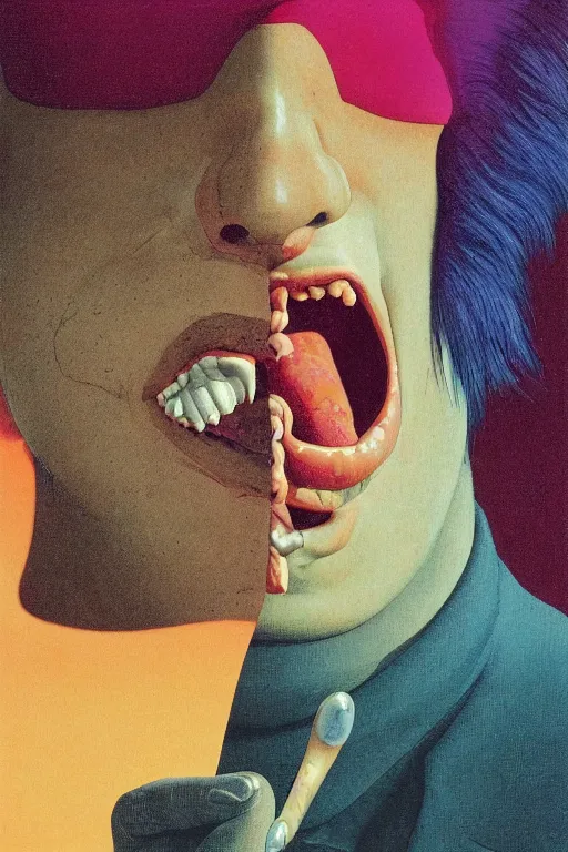 Image similar to a scifi closeup portrait of a young italian man licking a blotter paper of LSD acid on his tongue and dreaming psychedelic hallucinations in cosmos, by kawase hasui, moebius, Edward Hopper and James Gilleard, Zdzislaw Beksinski, Steven Outram colorful flat surreal design, hd, 8k, artstation