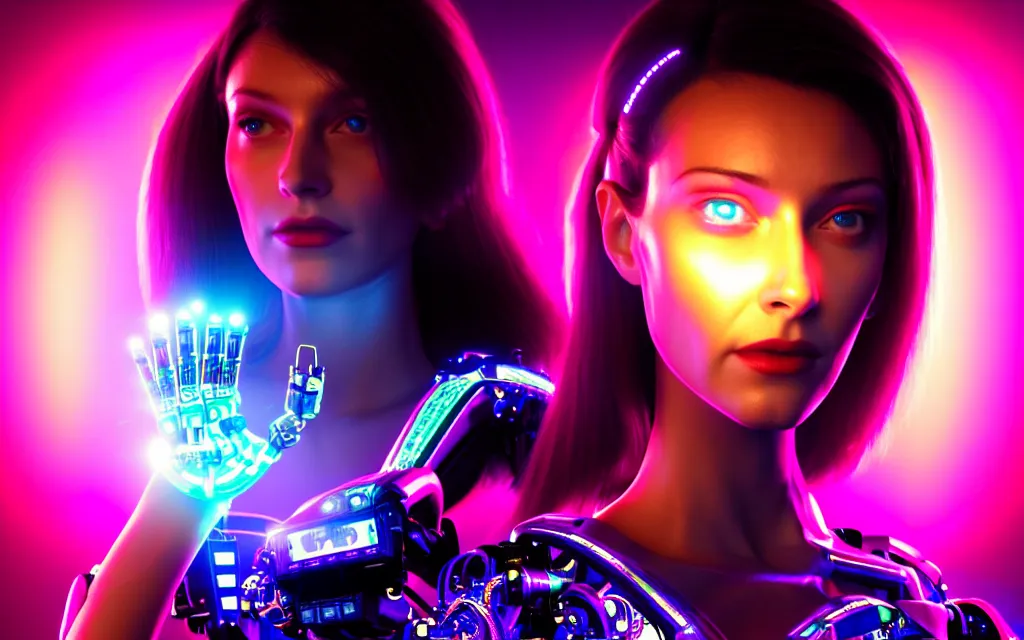 Image similar to beauty woman in holograms, with robotic arms, of alien artifacts, Elysium style tech and mechanical parts, electrical case display, ultrarealistic, dramatic lighting, backlit, three point lighting, cables and wires, electrical details, high details, 4k, 8k, best, accurate, trending on artstation, artstation, photorealism, ultrarealistic, digital painting, style of Caravaggio, Boris Vallejo
