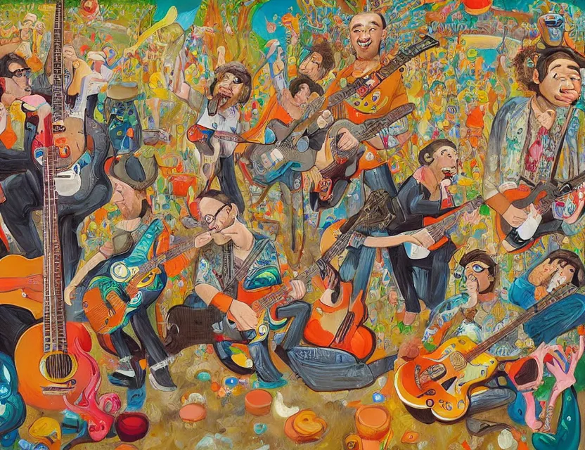 Image similar to a detailed oil painting of a concert by going bananas with guitars while the gold fishes are stoned like a shrimp and smiling cows in the sky in the style of artist James Jean