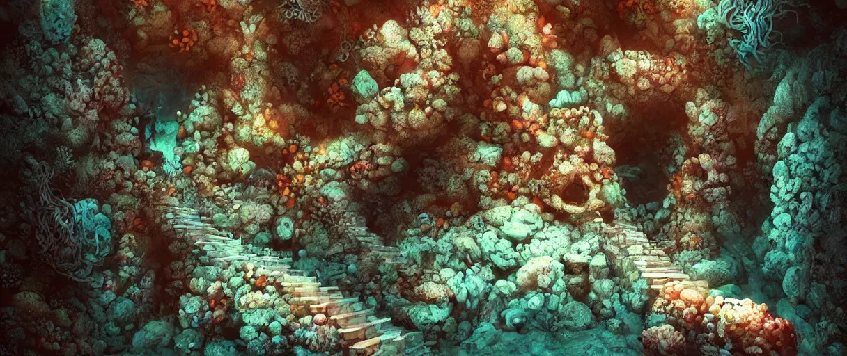 Image similar to a beautiful illustration of a an underwater first person perspective shot looking up a stone staircase leading to an ancient stone archway covered in coral and sea life that leads to with aaahh!!! Real monsters pouring out of it by James Gurney and beeple | Time White: .3 | cinematic lighting | unreal engine