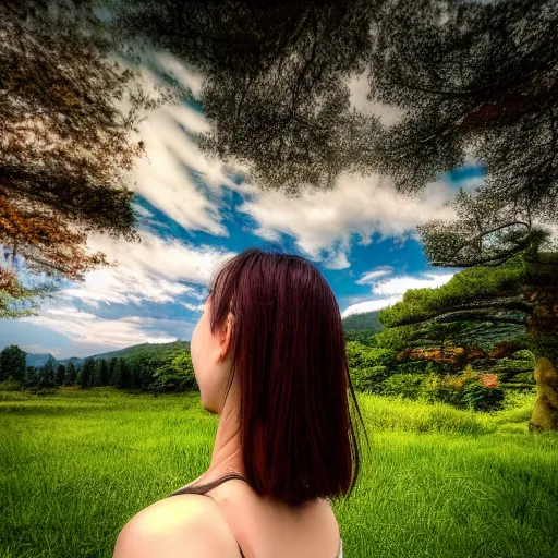 Image similar to a beautiful photograph of a girl with japan landscape in the background with trees, hdr, 8 k, high quality, sharp focus, artstation, highly detailed, award - winning, dramatic lighting, beautiful clouds, and nature