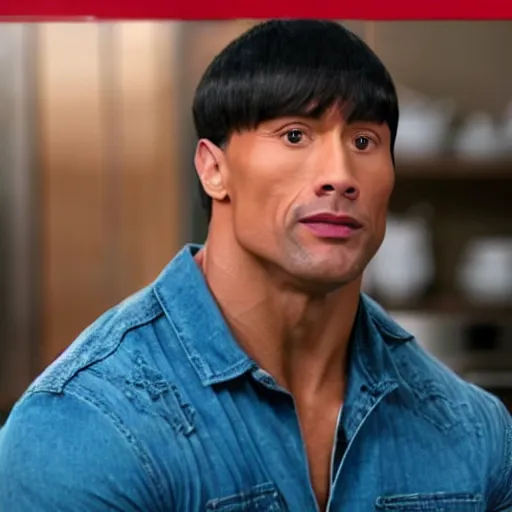 Image similar to dwayne johnson wearing a bowl cut wig still shot from cooking show 4k