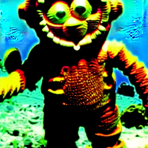 Image similar to rusted barnacle covered teletubby at the bottom of the ocean