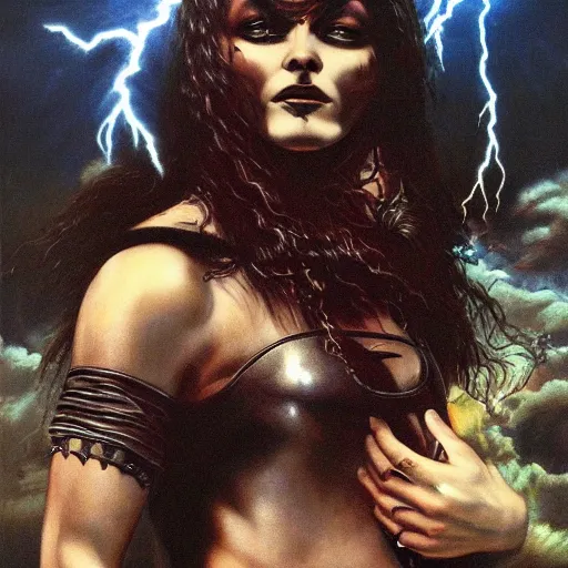 Image similar to ultra realistic portrait painting of a heavy metal album cover with a goth girl and lightning, art by frank frazetta, vintage levi ’ s ad, stormy weather, dark vibes, 4 k, ultra realistic, highly detailed, epic lighting