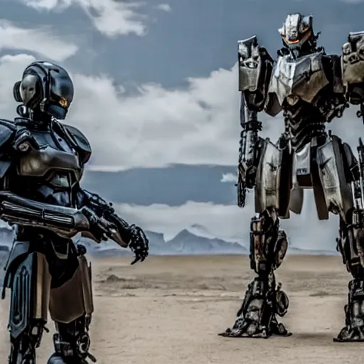 Image similar to cinematic still in westworld and real steel movie and pacific rim movie, one slim full body ornate armored core by fujioka kenki and by mamoru nagano, holding sci - fi rifle,