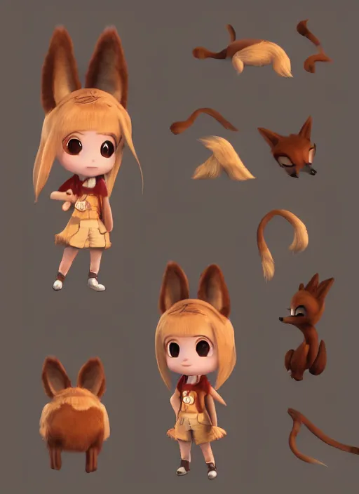 Image similar to female explorer mini cute girl, adoptable, highly detailed, rendered, ray - tracing, cgi animated, 3 d demo reel avatar, style of maple story and zootopia, maple story indiana jones, fluffy fox ears, dark skin, cool clothes, soft shade, soft lighting, portrait pose