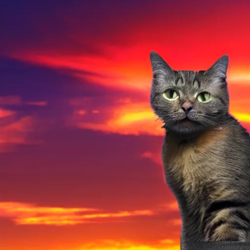 Image similar to cat watches a post apocalyptic city view where the sky is on fire