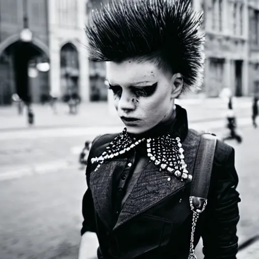 Prompt: a beautiful punk woman wearing a steel collar, looking defiantly at a city