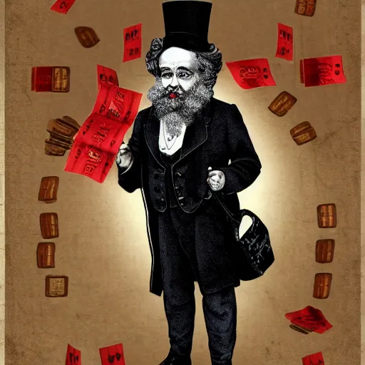 Image similar to karl marx wearing a monocle and top hat while holding a bag of cash outside a stock market, digital art, 4k