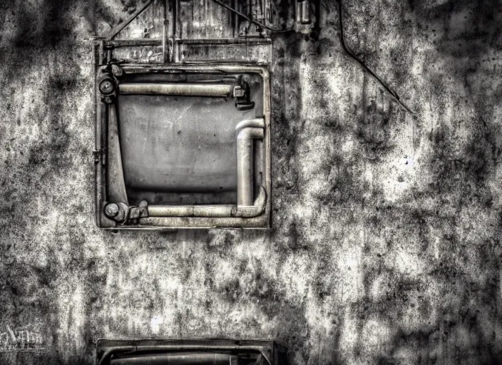 Prompt: Professional Photography, Nikon, Post apocalyptic water tank, Angle looking into the tank, dirty water