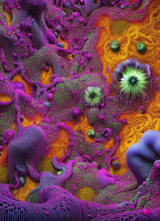 Prompt: hyper detailed 3d render like a Oil painting - the secret forest covered by a network of colorful yellowcake and aerochrome and milky Fruit , exotic flowers and a gossamer polyp blossoms bring iridescent fungal flowers whose spores black the foolish stars by Jacek Yerka, Mariusz Lewandowski, Houdini algorithmic generative render, Abstract brush strokes, Masterpiece, Edward Hopper and James Gilleard, Zdzislaw Beksinski, Mark Ryden, Wolfgang Lettl, Dan Hiller, hints of Yayoi Kasuma, octane render, 8k