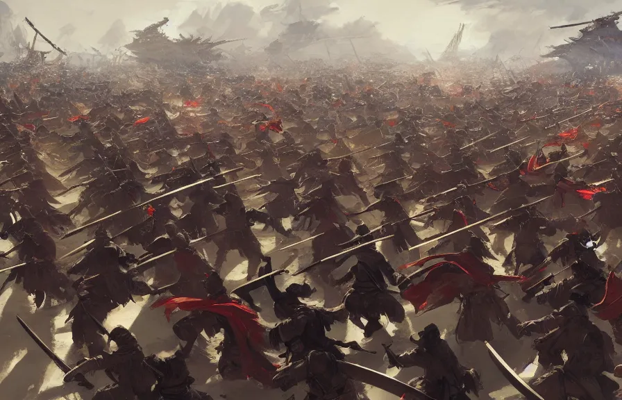 Image similar to greg manchess concept art of a samurai battle, crowd of soldiers, cinematic, key visual, ambient lighting, highly detailed, digital painting, artstation, concept art, sharp focus, by makoto shinkai and akihiko yoshida and hidari and wlop and greg rutkowski